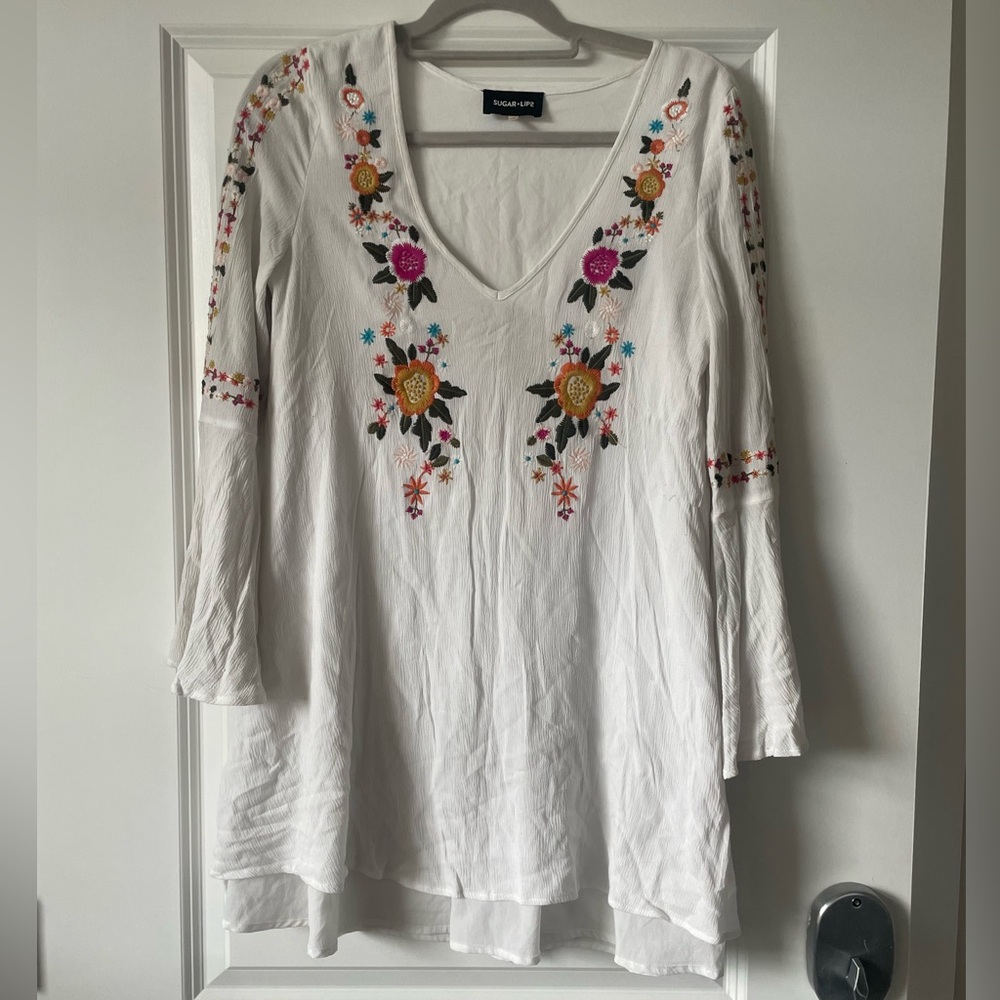 Sugarlips White Embroidered Bell Sleeve Dress